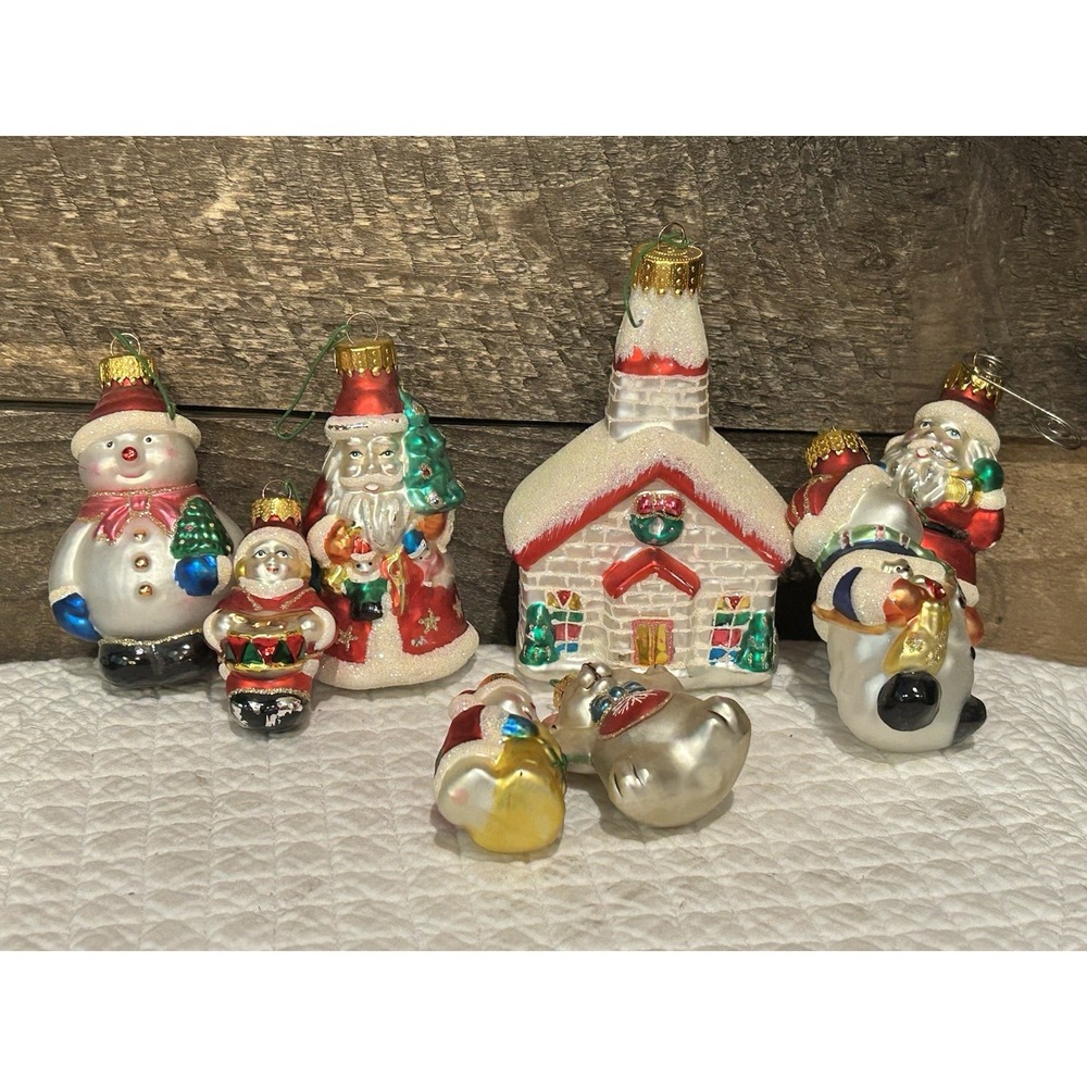 Vintage Lot Of 8 Hand Blown Glass Snowman‎ Santa Ornaments 3.5in and 2.5in